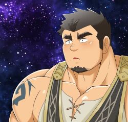 Rule 34 | 1boy, bara, blush, crave saga, cross-laced slit, facial hair, goatee, highres, large pectorals, long sideburns, male focus, mature male, muscular, muscular male, open mouth, parody request, pectoral cleavage, pectorals, protagonist (crave saga), short hair, shoulder tattoo, sideburns, sidepec, sky, solo, star (sky), starry sky, tattoo, thick eyebrows, upper body, wide-eyed, yugyouhijiri
