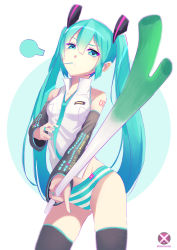 Rule 34 | 1girl, absurdres, aqua eyes, aqua hair, cowboy shot, detached sleeves, foreshortening, frown, hatsune miku, highres, jewelry, long hair, looking at viewer, mahousho, mouth hold, nail polish, necktie, no pants, panties, ring, solo, spring onion, striped clothes, striped panties, thighhighs, twintails, underwear, very long hair, vocaloid