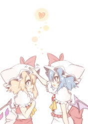 Rule 34 | 2girls, ascot, bat wings, blonde hair, blush, blush stickers, bow, brooch, female focus, flandre scarlet, hand on head, hands on own chest, hat, hat bow, headpat, heart, jewelry, large bow, multiple girls, open mouth, profile, red eyes, remilia scarlet, short hair, siblings, side ponytail, simple background, sisters, smile, suzuneko (yume no kyoukai), tears, touhou, white background, wings