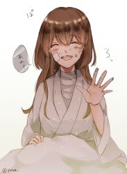 Rule 34 | 1girl, alternate costume, alternate hairstyle, bandaged fingers, bandages, blanket, blush, breasts, brown hair, commentary request, crying, dirty, dirty face, closed eyes, hair between eyes, hair down, hair over shoulder, ise (kancolle), japanese clothes, kantai collection, kimono, long hair, open mouth, simple background, smile, solo, tears, teeth, translated, twitter username, waving, yuzu (kimagure kankitsurui)