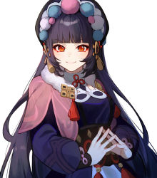 Rule 34 | 1girl, bad id, bad twitter id, blunt bangs, bonnet, breasts, capelet, closed mouth, commentary request, dress, fur-trimmed capelet, fur trim, genshin impact, long hair, long sleeves, looking at viewer, medium breasts, pink capelet, purple dress, purple hair, red eyes, shotgunman, simple background, smile, solo, steepled fingers, tassel, upper body, white background, yun jin (genshin impact)