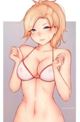 Rule 34 | 1girl, bare shoulders, bikini, blonde hair, blue eyes, bluefield, breasts, cleavage, commentary, covered erect nipples, english commentary, eyes visible through hair, grey background, highres, long hair, looking at viewer, medium breasts, mercy (overwatch), navel, overwatch, overwatch 1, parted lips, patreon username, ponytail, simple background, smile, solo, stomach, sweat, swimsuit, white bikini
