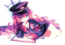 Rule 34 | 1girl, absurdres, armband, black shirt, black skirt, blue archive, blue halo, blush, book, crossed bangs, full body, hair between eyes, halo, hand on own chin, hat, highres, iroha (blue archive), jacket, long hair, long sleeves, looking at viewer, loose necktie, lying, meto (metrin), military, military hat, military uniform, miniskirt, necktie, on side, open book, open clothes, open jacket, open mouth, open shirt, peaked cap, purple eyes, red armband, red hair, red necktie, safety pin, shirt, simple background, skirt, solo, unbuttoned, unbuttoned shirt, uniform, very long hair, wavy hair, white background, wide sleeves