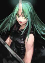 Rule 34 | 1girl, absurdres, arknights, black background, black shirt, breasts, chromatic aberration, collarbone, commentary request, cowboy shot, floating hair, green eyes, green hair, gyoukan (jfxc), highres, horns, hoshiguma (arknights), long hair, looking at viewer, medium breasts, open mouth, shirt, simple background, single horn, skin-covered horns, sleeveless, sleeveless shirt, solo, teeth