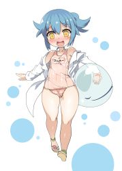 Rule 34 | :d, absurdres, bare shoulders, blue hair, blush, borrowed character, cameltoe, carrying, carrying under arm, collarbone, commentary request, covered erect nipples, flower, groin, hair between eyes, harigane shinshi, highres, jacket, long sleeves, name tag, nipples, one-piece swimsuit, open clothes, open jacket, open mouth, personification, pink flower, sandals, school swimsuit, see-through, side ponytail, smile, solo, swimsuit, twitter-san, twitter-san (character), walking, white background, white jacket, yellow eyes