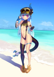 Rule 34 | 1girl, :o, absurdres, bare shoulders, beach, black gloves, black hat, black thighhighs, blue eyes, blue hair, blue sky, boots, breasts, brown footwear, cloud, cloudy sky, eyewear on head, gloves, hair between eyes, hat, highres, holding, holding phone, honkai (series), honkai impact 3rd, horns, johnny-chan, liliya olenyeva, looking at viewer, navel, ocean, open mouth, outdoors, phone, sand, see-through, see-through shirt, shadow, single horn, single thighhigh, sky, slingshot swimsuit, small breasts, solo, sunglasses, swimsuit, tail, thighhighs, underboob