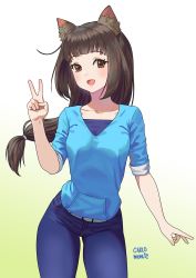 Rule 34 | 1girl, :d, animal ears, blue pants, blush, brown eyes, carlo montie, cat ears, cat girl, commission, denim, gradient background, green background, highres, long hair, low-tied long hair, open mouth, original, pants, smile, solo, v