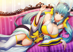 Rule 34 | 1girl, aqua hair, aqua kimono, bikini, bow, breasts, couch, dragon girl, dragon horns, fate/grand order, fate (series), frilled bikini, frills, fujifuji924, hair ribbon, highres, horns, japanese clothes, kimono, kiyohime (fate), kiyohime (fate/grand order), kiyohime (swimsuit lancer) (fate), kiyohime (swimsuit lancer) (first ascension) (fate), large breasts, long hair, looking at viewer, low twintails, lying, multiple horns, obi, on couch, on side, ribbon, sash, smile, solo, swimsuit, thighhighs, twintails, white thighhighs, wide sleeves, yellow bikini, yellow bow, yellow eyes, yellow ribbon