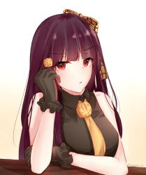 Rule 34 | 1girl, black gloves, black shirt, bow, food-themed hair ornament, girls&#039; frontline, gloves, hair bow, hair ornament, hair ribbon, halloween, halloween costume, hand on headwear, highres, leonardo 566, long hair, looking at viewer, necktie, official alternate costume, purple hair, red eyes, ribbon, shirt, simple background, solo, wa2000 (girls&#039; frontline), wa2000 (haunted castle) (girls&#039; frontline)