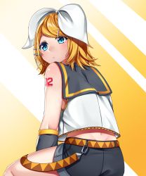 Rule 34 | 1girl, absurdres, between legs, black sailor collar, black shorts, black sleeves, blonde hair, blue eyes, bow, butt crack, collared shirt, detached sleeves, from behind, gradient background, hair bow, hand between legs, highres, inu8neko, kagamine rin, looking back, midriff, parted lips, sailor collar, sailor shirt, shirt, short hair, short shorts, shorts, sitting, sleeveless, sleeveless shirt, solo, swept bangs, vocaloid, white background, white bow, white shirt, yellow background