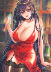 Rule 34 | 1girl, alcohol, azur lane, black garter straps, black hair, black thighhighs, breasts, champagne, champagne bottle, champagne flute, cleavage, cocktail dress, covered erect nipples, cup, dress, drinking glass, evening gown, garter straps, hair between eyes, highres, huge breasts, indoors, kurube125, lace, lace-trimmed legwear, lace trim, long hair, looking at viewer, marker (medium), nail polish, official alternate costume, open mouth, red eyes, red nails, sitting, sleeveless, sleeveless dress, solo, taihou (azur lane), taihou (forbidden feast) (azur lane), thighhighs, traditional media, very long hair