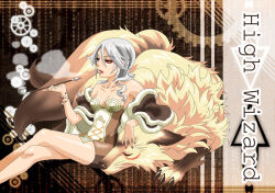 Rule 34 | 1girl, binary, breasts, brown background, brown cape, brown dress, cape, character name, commentary request, corrugated galvanised iron sheet, crossed legs, digital rain, dress, feet out of frame, fur-trimmed cape, fur trim, gears, grey hair, hair between eyes, high wizard (ragnarok online), holding, holding smoking pipe, kiseru, kitsune, lips, long bangs, long hair, looking afar, parted lips, ragnarok online, red eyes, short dress, sitting, small breasts, smoke, smoking, smoking pipe, solo, strapless, strapless dress, tokixwaa, two-tone dress, white dress