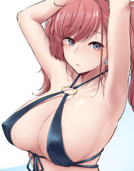Rule 34 | 1girl, absurdres, armpits, arms up, atlanta (kancolle), bikini, black bikini, blush, breasts, brown hair, earrings, front-tie bikini top, front-tie top, grey eyes, hair between eyes, highres, jewelry, kantai collection, kiritto, large breasts, long hair, o-ring, o-ring bikini, solo, star (symbol), star earrings, swimsuit, two side up, upper body