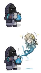 Rule 34 | 1boy, 1girl, arknights, brown hair, chibi, chibi only, closed eyes, coat, commentary, doctor (arknights), electric kettle, english commentary, genie, hair ornament, highres, holding kettle, kettle, long hair, muelsyse (arknights), multiple views, pyramide, rubbing, smile, teeth, upper teeth only, water drop, white background