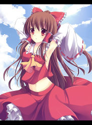 Rule 34 | 1girl, absurdres, armpits, arms behind head, arms up, ascot, bad id, bad pixiv id, bow, brown hair, cloud, day, detached sleeves, female focus, hair bow, hair ribbon, hair tubes, hakurei reimu, highres, japanese clothes, letterboxed, long hair, midriff, miko, navel, outdoors, red eyes, ribbon, ringonotane, sky, solo, touhou