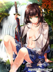 Rule 34 | 1girl, breasts, brown hair, collarbone, eyebrows, flower knight girl, glint, green eyes, hair ornament, highres, japanese clothes, katana, kimono, long hair, monety, navel, no bra, open clothes, open kimono, open shirt, outdoors, planted, planted sword, planted weapon, ripples, shirt, soaking feet, solo, sunlight, sword, water, waterfall, weapon, wet, yamabuki (flower knight girl)