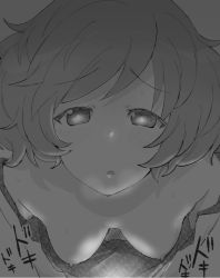 Rule 34 | 1girl, akiyama yukari, blush, breasts, downblouse, girls und panzer, greyscale, hanging breasts, henyaan (oreizm), looking at viewer, medium breasts, messy hair, monochrome, nipples, no bra, parted lips, solo, translation request, upper body