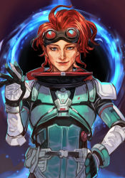 Rule 34 | 1girl, apex legends, armor, blue eyes, bodysuit, closed mouth, goggles, hand on own hip, hand up, horizon (apex legends), hungry clicker, looking at viewer, portal (object), red hair, short hair, smile, solo, waving