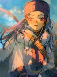 Rule 34 | 1girl, ainu clothes, asirpa, bandana, blue eyes, blue sky, blurry, bow (weapon), brown hair, cape, day, depth of field, earrings, floating hair, fur cape, golden kamuy, headband, highres, hoop earrings, jewelry, long hair, long sleeves, looking afar, sash, scarf, shichi (kotoneco0711), sky, solo, sunlight, upper body, weapon, weapon on back, white cape, wind