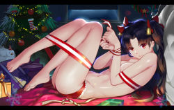 Rule 34 | 1girl, ass, barefoot, bauble, bdsm, bell, black hair, bondage, bound, bound wrists, box, breasts, christmas, christmas ornaments, christmas tree, cleavage, closed mouth, fate/stay night, fate (series), feet, gift, gift box, glint, hair bell, hair ornament, hair ribbon, highres, indoors, ishtar (fate), legs up, letterboxed, lips, long hair, looking at viewer, looking to the side, marchtl7, moonlight, navel, night, on floor, panties, parted bangs, red eyes, red panties, red ribbon, ribbon, ribbon bondage, shiny skin, smile, snowflakes, solo, star (symbol), stomach, toes, tohsaka rin, topless, two side up, underwear, underwear only, window, window shutter, wreath