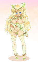 Rule 34 | 1girl, blonde hair, blue eyes, blush, breasts, cameltoe, censored, chain, detached sleeves, dry6, earrings, elf, erection, fang, full body, futanari, gradient background, highres, jewelry, long hair, nipple piercing, nipples, penis, piercing, pointless censoring, pointy ears, sketch, smile, solo, thighhighs