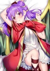 Rule 34 | 1girl, absurdres, ankle lace-up, arm behind head, bed, bed sheet, blush, bracelet, capelet, closed mouth, coat, cross-laced clothes, cross-laced footwear, cross-laced legwear, dragon girl, dragon wings, dress, feet out of frame, fire emblem, fire emblem: the sacred stones, flat chest, frilled dress, frills, from above, gold trim, green wings, hair tie, hand up, happy, highres, jewelry, light smile, long hair, looking at viewer, lying, multi-tied hair, myrrh (fire emblem), nintendo, no panties, on back, on bed, open clothes, open coat, pale skin, pov, purple hair, red capelet, red coat, red eyes, seductive smile, shin strap, shiny skin, short dress, smile, solo, takemura kou, thighs, twintails, white dress, wings, wristband, yellow wings