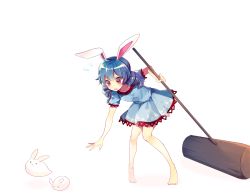 Rule 34 | 1girl, animal, animal ears, bad id, bad twitter id, barefoot, bent over, blue dress, blue hair, dress, flying sweatdrops, full body, hammer, kine, long hair, looking down, low twintails, mallet, nr (cmnrr), open mouth, pink eyes, puffy sleeves, rabbit, rabbit ears, seiran (touhou), short sleeves, simple background, solo, touhou, twintails, white background