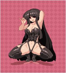 Rule 34 | 1girl, argyle, argyle background, argyle clothes, arm up, armpits, black footwear, black hair, blunt bangs, bondage outfit, boots, breasts, cleavage, corset, fellatio gesture, full body, hand up, houraisan kaguya, large breasts, long hair, looking at viewer, namako daibakuhatsu, navel, pink background, pinky out, pixel art, red eyes, smile, solo, squatting, thick thighs, thigh boots, thighhighs, thighs, touhou, very long hair