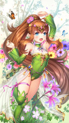 Rule 34 | 1girl, :d, ahoge, argyle, argyle clothes, argyle cutout, argyle legwear, arm up, bare shoulders, blue eyes, blue flower, blush, breasts, brown hair, bug, butterfly, cleavage, clothing cutout, detached sleeves, fantasy, flower, forehead jewel, gem, gold, grass, green leotard, green thighhighs, hair flower, hair ornament, highres, insect, leg ribbon, leotard, long hair, long sleeves, looking at viewer, md5 mismatch, medium breasts, open mouth, original, pink flower, pink ribbon, pointy ears, ponytail, resolution mismatch, ribbon, see-through, smile, solo, source larger, standing, standing on one leg, star (symbol), star hair ornament, thigh ribbon, thighhighs, tiara, very long hair, white flower, yellow footwear, youbou