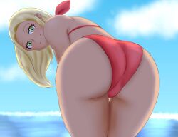 Rule 34 | 1girl, ass, ass focus, bikini, blonde hair, creatures (company), dark skin, day, game freak, green eyes, highres, huge ass, jewelry, kiteman442, long hair, looking at viewer, looking back, midriff, nintendo, open mouth, pokemon, pokemon xy, red bikini, shiny skin, smile, solo, swimmer (pokemon), swimsuit, thick thighs, thighs, very long hair, water, wide hips