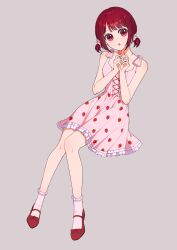 Rule 34 | absurdres, arima kana, bob cut, dress, full body, grey background, highres, looking at viewer, open mouth, oshi no ko, pink dress, red eyes, red footwear, red hair, short hair, simple background, sitting, socks, solo, white socks, xiang yu pai