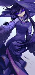 Rule 34 | 1girl, bead necklace, beads, braid, breasts, colored eyelashes, commentary request, cookie run, crowberry cookie, dress, feather-trimmed sleeves, feet out of frame, hat, head tilt, high collar, humanization, jewelry, jizhuileikunchong (71902877), long dress, long hair, long sleeves, looking at viewer, motion blur, necklace, partial commentary, purple dress, purple eyes, purple hair, purple hat, shaded face, side braid, simple background, small breasts, smile, solo, swept bangs, white background, witch hat