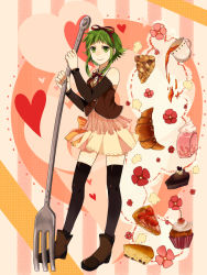 Rule 34 | 1girl, bow, cake, croissant, cup, detached sleeves, female focus, food, fork, full body, green eyes, green hair, gumi, hair bow, heart, highres, matching hair/eyes, oversized object, pastry, short hair, skirt, smile, solo, tea, thighhighs, tomoyami, vocaloid, zettai ryouiki