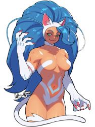 Rule 34 | 1girl, ahoge, animal ears, artist name, big hair, blue hair, breasts, cat ears, cat girl, cat tail, claws, closed mouth, collarbone, cowboy shot, felicia (vampire), fingernails, fur, hand up, huge ahoge, lilirulu, long fingernails, long hair, looking at viewer, nail polish, navel, nude, red eyes, red nails, smile, smirk, solo, standing, stomach, tail, vampire (game), very long hair, white fur