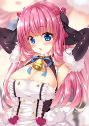 Rule 34 | 1girl, animal ears, apron, armpits, azur lane, bell, black dress, black gloves, blue eyes, blue ribbon, blurry, blurry background, blush, bow, breasts, chestnut mouth, cleavage, cleavage cutout, clothing cutout, commentary request, depth of field, dress, elbow gloves, fur-trimmed gloves, fur trim, gloves, hair bow, hair ornament, heart, heart hair ornament, highres, large breasts, long hair, looking at viewer, maid, ooji cha, parted lips, pink hair, red bow, ribbon, solo, suffolk (azur lane), waist apron, white apron