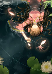 Rule 34 | 1girl, absurdres, arm up, axis powers hetalia, brown hair, china dress, chinese clothes, dress, closed eyes, fish, flower, highres, open mouth, partially submerged, ripples, scarlet moon, smile, solo, taiwan (hetalia), upside-down