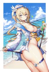 Rule 34 | 1girl, absurdres, ass, barbara (genshin impact), barbara (summertime sparkle) (genshin impact), beach, bikini pull, blonde hair, blue eyes, breasts, choker, clothes pull, cowboy shot, cup, detached sleeves, drinking glass, from side, genshin impact, hat, highres, holding, kiriko (araragikoyomi), long hair, long sleeves, looking at viewer, medium breasts, nipples, ocean, official alternate costume, revealing clothes, sailor hat, smile, solo, standing, swimsuit, thigh strap, thighs, twintails, twisted torso, water, white hat