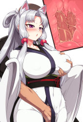 Rule 34 | 1girl, animal ears, blush, breasts, coat, covered navel, cross-section, fingering, grabbing, grabbing another&#039;s breast, grabbing from behind, groin, groping, heavy breathing, japanese clothes, large breasts, long hair, null (nyanpyoun), purple eyes, sidelocks, simple background, sleeveless, sleeveless coat, tail, touhoku itako, very long hair, voiceroid, white background, x-ray
