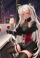 Rule 34 | 1girl, alcohol, azur lane, black dress, black gloves, black thighhighs, breasts, cityscape, clothing cutout, covered erect nipples, cross, cup, dress, drinking glass, elbow gloves, from side, gloves, highres, indoors, iron cross, jewelry, looking to the side, maid headdress, manjuu (azur lane), meron (mblalula), multicolored hair, navel cutout, night, official alternate costume, orange eyes, outstretched arm, prinz eugen (azur lane), prinz eugen (kindred evening spirits) (azur lane), red dress, red hair, ring, see-through, see-through dress, sleeveless, sleeveless dress, solo, streaked hair, thighhighs, two-tone dress, two-tone hair, wedding ring, white hair, wine, wine glass