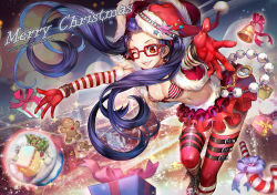 Rule 34 | 1girl, bell, blue hair, blush, box, bra, breasts, buckle, candy, candy cane, christmas, cleavage, food, gift, gift box, gingerbread man, glasses, gloves, hair ornament, hairclip, hat, j.lili, layered skirt, long hair, medium breasts, merry christmas, miniskirt, navel, one eye closed, open mouth, original, outstretched arms, pocket watch, red-framed eyewear, red eyes, red gloves, red thighhighs, sack, santa costume, santa hat, shiny skin, skirt, smile, snow globe, solo, sparkle, star (symbol), striped bra, striped clothes, striped gloves, striped thighhighs, thigh strap, thighhighs, toy, underwear, watch, wink