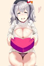 Rule 34 | 10s, 1girl, box, breasts, cleavage, heart-shaped box, hews, incoming gift, kantai collection, kashima (kancolle), large breasts, looking at viewer, meme attire, open-chest sweater, panties, solo, sweater, underwear, valentine