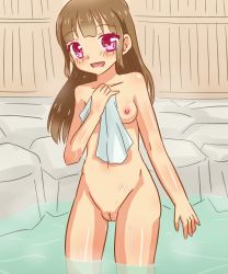 Rule 34 | 1girl, bath, bathhouse, blush, breasts, brown hair, collarbone, looking at viewer, naked towel, nipples, nude, onsen, open mouth, original, partially submerged, purple eyes, pussy, small breasts, smile, towel, water, wet
