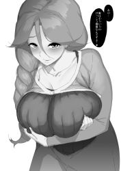Rule 34 | 1girl, blush, braid, breast lift, breasts, cheryl (pokemon), cleavage, collarbone, covered erect nipples, cowboy shot, creatures (company), crop top, game freak, hair between eyes, hair over shoulder, hakai shin, heart, huge breasts, jacket, leaning forward, long hair, long sleeves, monochrome, nintendo, nipple stimulation, nipple tweak, parted bangs, parted lips, pokemon, pokemon dppt, ribbed shirt, shirt, simple background, single braid, sketch, solo, speech bubble, translation request, white background