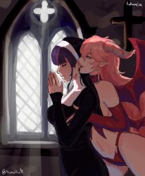Rule 34 | 2girls, aimokok, breasts, closed eyes, closed mouth, demon girl, demon horns, demon wings, genshin impact, highres, horns, medium breasts, multiple girls, nun, own hands clasped, own hands together, parted lips, pink hair, pointy ears, praying, purple hair, raiden shogun, traditional nun, wings, yae miko, yuri