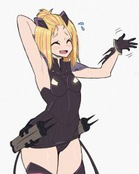 Rule 34 | 1girl, black leotard, blonde hair, blush, breasts, closed eyes, flip flappers, gomi53, headgear, leotard, multicolored hair, open mouth, red hair, small breasts, smile, solo, standing, yayaka