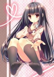 1girl black_hair black_socks blush brown_eyes feet female_focus finger_to_mouth highres legs long_hair looking_at_viewer nametakenoko no_shoes original school_uniform sitting skirt socks solo totsuka_(kapadaizin) very_long_hair