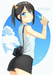 Rule 34 | 1girl, :o, absurdres, apollo (hu maple), ass, bare shoulders, black hair, black shorts, blue eyes, blue sky, blush, bottle, bow, bra, camera, cloud, commentary request, cowboy shot, from side, hair bow, highres, holding, holding bottle, index finger raised, looking at viewer, looking to the side, orange bow, original, outside border, parted lips, ramune, see-through, shirt, short hair, short shorts, shorts, side ponytail, sidelocks, sky, sleeveless, sleeveless shirt, solo, underwear, white bra, white shirt