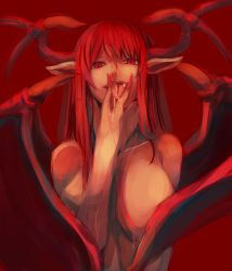 Rule 34 | 1girl, bat wings, between fingers, breasts, censored, convenient censoring, covering privates, dearmybrothers, fangs, female focus, head wings, highres, holding, huge breasts, koakuma, long hair, nude, nude cover, pointy ears, red eyes, red hair, red theme, sexually suggestive, slit pupils, solo, tongue, touhou, upper body, wing censor, wings