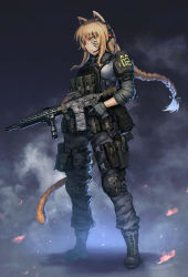 Rule 34 | 1girl, animal ears, armor, assault rifle, belt pouch, black footwear, blonde hair, body armor, boots, braid, brn-180, camouflage, camouflage pants, cat ears, cat tail, closed mouth, commentary, commission, cross-laced footwear, dated commentary, english commentary, facepaint, from side, frown, full body, gloves, grey background, grey gloves, grey pants, grey shirt, gun, handgun, headset, hetza (hellshock), holding, holding weapon, holstered, knee pads, long hair, looking at viewer, magazine (weapon), military, original, pants, pistol, pouch, rifle, shirt, shoulder armor, single braid, slit pupils, smoke, solo, standing, tail, trigger discipline, very long hair, weapon, yellow eyes