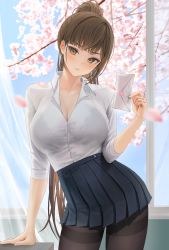 Rule 34 | 1girl, absurdres, bad id, bad pixiv id, black bra, black pantyhose, blue skirt, blush, bra, bra visible through clothes, breasts, brown eyes, brown hair, buttons, cherry blossoms, cleavage, closed mouth, collared shirt, cowboy shot, curtains, day, desk, dress shirt, heart stickers, highres, holding, holding letter, large breasts, leaning on table, letter, long hair, looking at viewer, love letter, myabit, on desk, original, pantyhose, petals, pleated skirt, ponytail, school uniform, shirt, skirt, solo, underwear, white shirt, wind, window